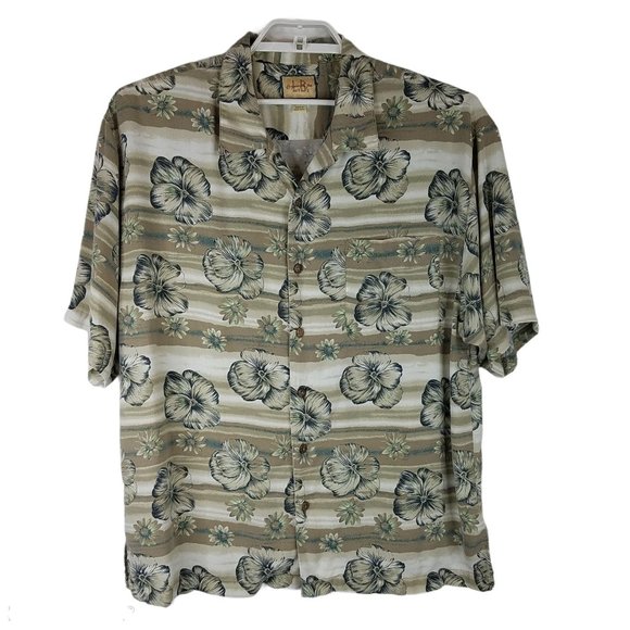 Linguine and Bob Mens Hawaiian Shirt Tan Blue Green XL Floral Button Up Beach - Picture 1 of 5